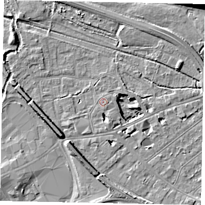 Shaded relief map of the ground around TW184DN, computed from Environment Agency LiDAR. The ground here sits at about 16 m above sea level and falls 14 m across the surrounding 800 m. Surface water reaching this point runs off ground lying to the south-east, 0.8 m higher.