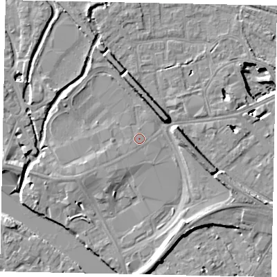 Shaded relief map of the ground around TW184DR, computed from Environment Agency LiDAR. The ground here sits at about 16 m above sea level and falls 11 m across the surrounding 800 m. The ground contributing surface water to this point lies to the west-south-west.