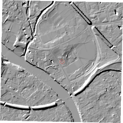 Shaded relief map of the ground around TW184EA, computed from Environment Agency LiDAR. The ground here sits at about 15 m above sea level and falls 8 m across the surrounding 800 m. Surface water reaching this point runs off ground lying to the north-north-west, 2.7 m higher.