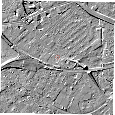 Shaded relief map of the ground around TW184EJ, computed from Environment Agency LiDAR. The ground here sits at about 15 m above sea level and falls 11 m across the surrounding 800 m. Surface water reaching this point runs off ground lying to the south-south-west, 1.8 m higher.
