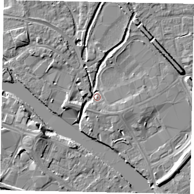Shaded relief map of the ground around TW184EN, computed from Environment Agency LiDAR. The ground here sits at about 16 m above sea level and falls 8 m across the surrounding 800 m. Surface water reaching this point runs off ground lying to the north-north-east, 4.4 m higher.