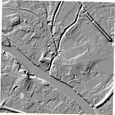 Shaded relief map of the ground around TW184EP, computed from Environment Agency LiDAR. The ground here sits at about 16 m above sea level and falls 8 m across the surrounding 800 m. Surface water reaching this point runs off ground lying to the west, 5.1 m higher.