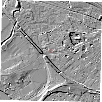 Shaded relief map of the ground around TW184EQ, computed from Environment Agency LiDAR. The ground here sits at about 16 m above sea level and falls 11 m across the surrounding 800 m. Surface water reaching this point runs off ground lying to the east, 0.7 m higher.