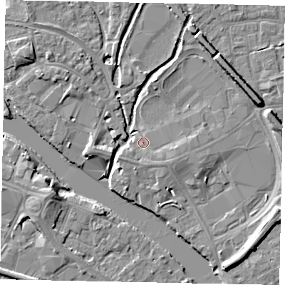 Shaded relief map of the ground around TW184EW, computed from Environment Agency LiDAR. The ground here sits at about 16 m above sea level and falls 8 m across the surrounding 800 m. Surface water reaching this point runs off ground lying to the south-east, 1.6 m higher.