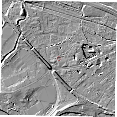 Shaded relief map of the ground around TW184EY, computed from Environment Agency LiDAR. The ground here sits at about 16 m above sea level and falls 11 m across the surrounding 800 m. Surface water reaching this point runs off ground lying to the west-north-west, 1.1 m higher.