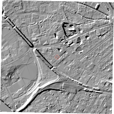 Shaded relief map of the ground around TW184EZ, computed from Environment Agency LiDAR. The ground here sits at about 16 m above sea level and falls 11 m across the surrounding 800 m. The ground contributing surface water to this point lies to the north.
