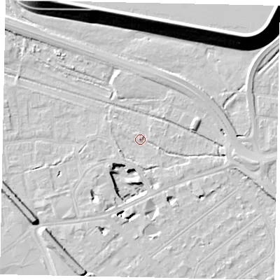 Shaded relief map of the ground around TW184HA, computed from Environment Agency LiDAR. The ground here sits at about 15 m above sea level and falls 22 m across the surrounding 800 m. Surface water reaching this point runs off ground lying to the west-south-west, 6.9 m higher.
