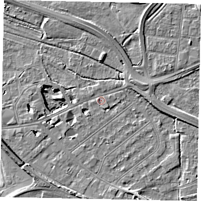 Shaded relief map of the ground around TW184HB, computed from Environment Agency LiDAR. The ground here sits at about 15 m above sea level and falls 13 m across the surrounding 800 m. Surface water reaching this point runs off ground lying to the west-south-west, 4.2 m higher.