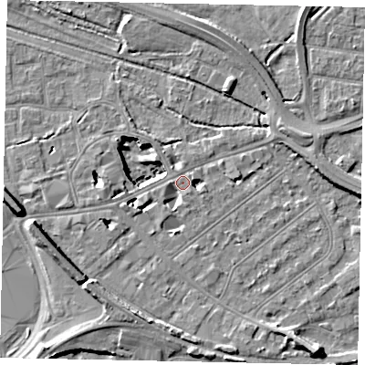Shaded relief map of the ground around TW184HD, computed from Environment Agency LiDAR. The ground here sits at about 15 m above sea level and falls 11 m across the surrounding 800 m. Surface water reaching this point runs off ground lying to the west-south-west, 4.2 m higher.