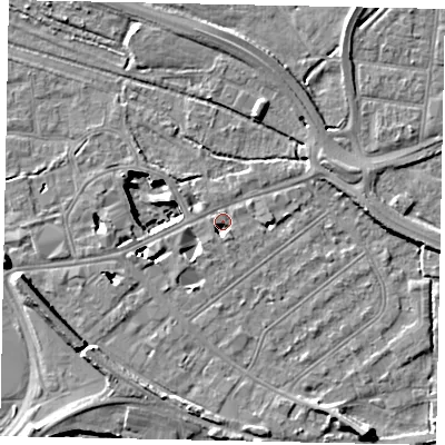 Shaded relief map of the ground around TW184HF, computed from Environment Agency LiDAR. The ground here sits at about 15 m above sea level and falls 11 m across the surrounding 800 m. Surface water reaching this point runs off ground lying to the west-south-west, 4.2 m higher.