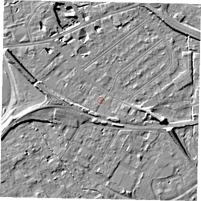 Shaded relief map of the ground around TW184HG, computed from Environment Agency LiDAR. The ground here sits at about 16 m above sea level and falls 11 m across the surrounding 800 m. Surface water reaching this point runs off ground lying to the south-south-west, 2.0 m higher.