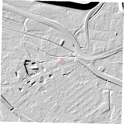 Shaded relief map of the ground around TW184HN, computed from Environment Agency LiDAR. The ground here sits at about 15 m above sea level and falls 22 m across the surrounding 800 m. Surface water reaching this point runs off ground lying to the west-south-west, 0.7 m higher.