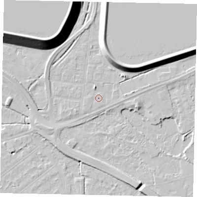 Shaded relief map of the ground around TW184HR, computed from Environment Agency LiDAR. The ground here sits at about 15 m above sea level and falls 18 m across the surrounding 800 m. The ground contributing surface water to this point lies to the west.