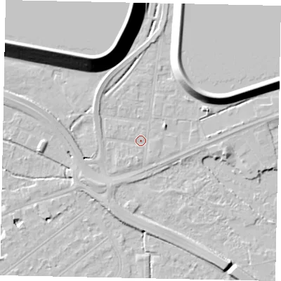 Shaded relief map of the ground around TW184HS, computed from Environment Agency LiDAR. The ground here sits at about 15 m above sea level and falls 18 m across the surrounding 800 m. Surface water reaching this point runs off ground lying to the west-north-west, 4.8 m higher.