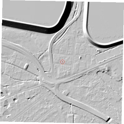 Shaded relief map of the ground around TW184HT, computed from Environment Agency LiDAR. The ground here sits at about 15 m above sea level and falls 21 m across the surrounding 800 m. Surface water reaching this point runs off ground lying to the west-north-west, 4.8 m higher.