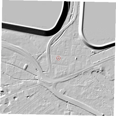 Shaded relief map of the ground around TW184HU, computed from Environment Agency LiDAR. The ground here sits at about 15 m above sea level and falls 21 m across the surrounding 800 m. Surface water reaching this point runs off ground lying to the north-north-east, 1.1 m higher.