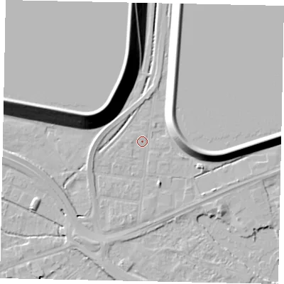 Shaded relief map of the ground around TW184HY, computed from Environment Agency LiDAR. The ground here sits at about 15 m above sea level and falls 18 m across the surrounding 800 m. Surface water reaching this point runs off ground lying to the north-east, 10.5 m higher.