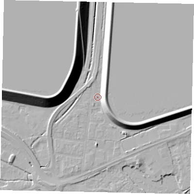Shaded relief map of the ground around TW184HZ, computed from Environment Agency LiDAR. The ground here sits at about 15 m above sea level and falls 18 m across the surrounding 800 m. Surface water reaching this point runs off ground lying to the north-east, 9.4 m higher.