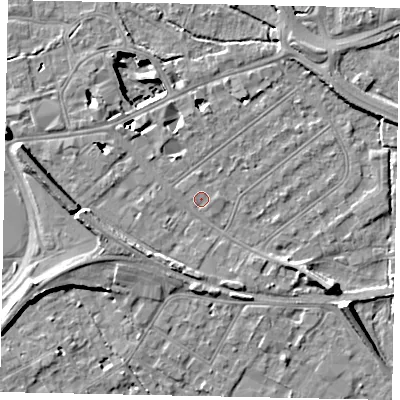 Shaded relief map of the ground around TW184JG, computed from Environment Agency LiDAR. The ground here sits at about 15 m above sea level and falls 11 m across the surrounding 800 m. Surface water reaching this point runs off ground lying to the west-north-west, 0.7 m higher.