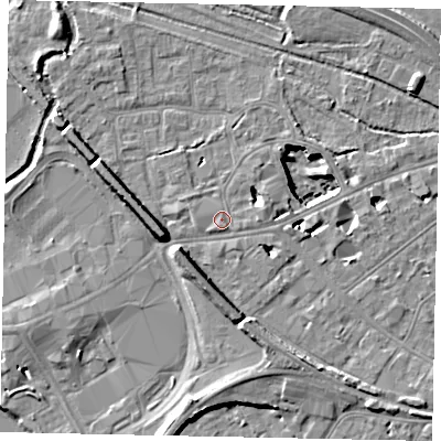 Shaded relief map of the ground around TW184JH, computed from Environment Agency LiDAR. The ground here sits at about 16 m above sea level and falls 11 m across the surrounding 800 m. Surface water reaching this point runs off ground lying to the south-south-west, 0.8 m higher.