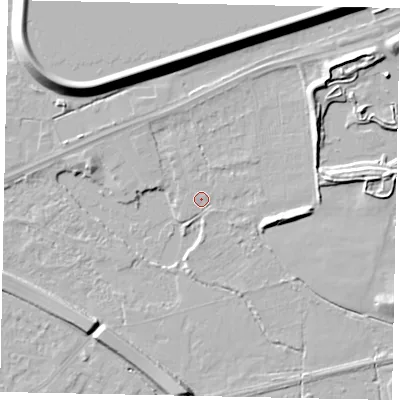 Shaded relief map of the ground around TW184JL, computed from Environment Agency LiDAR. The ground here sits at about 14 m above sea level and falls 12 m across the surrounding 800 m. Surface water reaching this point runs off ground lying to the north-east, 5.1 m higher.