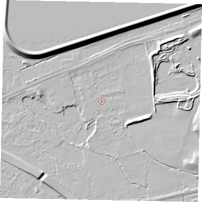 Shaded relief map of the ground around TW184JN, computed from Environment Agency LiDAR. The ground here sits at about 14 m above sea level and falls 12 m across the surrounding 800 m. Surface water reaching this point runs off ground lying to the north-east, 5.1 m higher.