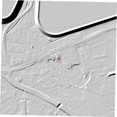 Shaded relief map of the ground around TW184JT, computed from Environment Agency LiDAR. The ground here sits at about 16 m above sea level and falls 18 m across the surrounding 800 m. Surface water reaching this point runs off ground lying to the north-north-west, 11.6 m higher.