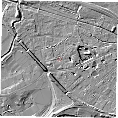 Shaded relief map of the ground around TW184JW, computed from Environment Agency LiDAR. The ground here sits at about 15 m above sea level and falls 11 m across the surrounding 800 m. Surface water reaching this point runs off ground lying to the east-south-east, 3.4 m higher.