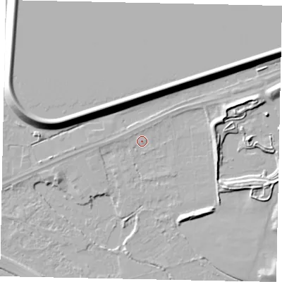 Shaded relief map of the ground around TW184JX, computed from Environment Agency LiDAR. The ground here sits at about 15 m above sea level and falls 12 m across the surrounding 800 m. Surface water reaching this point runs off ground lying to the west, 2.0 m higher.