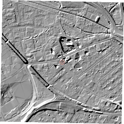 Shaded relief map of the ground around TW184JZ, computed from Environment Agency LiDAR. The ground here sits at about 16 m above sea level and falls 11 m across the surrounding 800 m. Surface water reaching this point runs off ground lying to the west-south-west, 3.3 m higher.