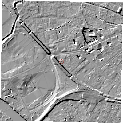 Shaded relief map of the ground around TW184LA, computed from Environment Agency LiDAR. The ground here sits at about 15 m above sea level and falls 11 m across the surrounding 800 m. Surface water reaching this point runs off ground lying to the west, 5.2 m higher.