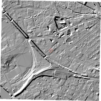 Shaded relief map of the ground around TW184LB, computed from Environment Agency LiDAR. The ground here sits at about 16 m above sea level and falls 11 m across the surrounding 800 m. Surface water reaching this point runs off ground lying to the east-north-east, 0.8 m higher.