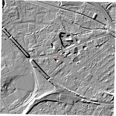 Shaded relief map of the ground around TW184LG, computed from Environment Agency LiDAR. The ground here sits at about 16 m above sea level and falls 11 m across the surrounding 800 m. Surface water reaching this point runs off ground lying to the west, 3.3 m higher.