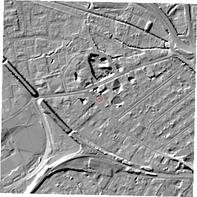 Shaded relief map of the ground around TW184LH, computed from Environment Agency LiDAR. The ground here sits at about 15 m above sea level and falls 11 m across the surrounding 800 m. Surface water reaching this point runs off ground lying to the west, 3.3 m higher.