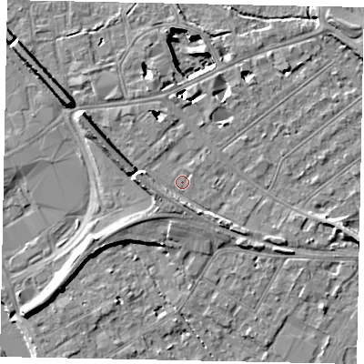Shaded relief map of the ground around TW184LN, computed from Environment Agency LiDAR. The ground here sits at about 16 m above sea level and falls 11 m across the surrounding 800 m. Surface water reaching this point runs off ground lying to the west, 3.8 m higher.