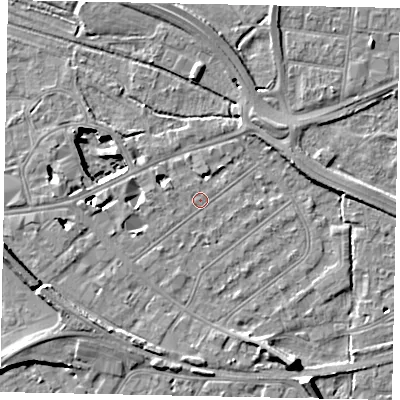 Shaded relief map of the ground around TW184LP, computed from Environment Agency LiDAR. The ground here sits at about 15 m above sea level and falls 11 m across the surrounding 800 m. Surface water reaching this point runs off ground lying to the west, 3.3 m higher.