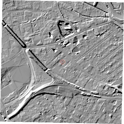 Shaded relief map of the ground around TW184LQ, computed from Environment Agency LiDAR. The ground here sits at about 15 m above sea level and falls 11 m across the surrounding 800 m. Surface water reaching this point runs off ground lying to the west-north-west, 1.0 m higher.