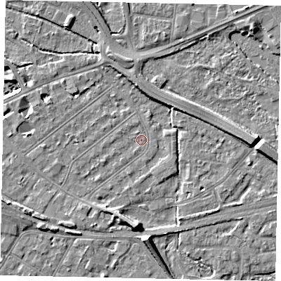 Shaded relief map of the ground around TW184LR, computed from Environment Agency LiDAR. The ground here sits at about 15 m above sea level and falls 10 m across the surrounding 800 m. Surface water reaching this point runs off ground lying to the south, 6.5 m higher.