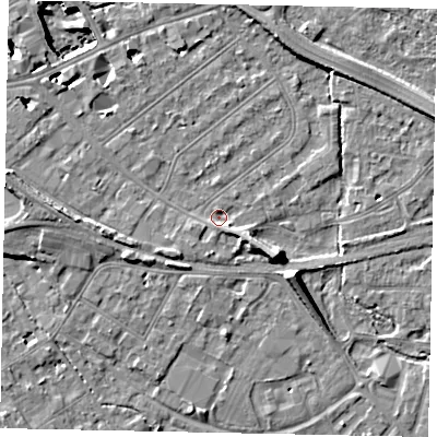 Shaded relief map of the ground around TW184LS, computed from Environment Agency LiDAR. The ground here sits at about 15 m above sea level and falls 11 m across the surrounding 800 m. Surface water reaching this point runs off ground lying to the south-east, 6.5 m higher.