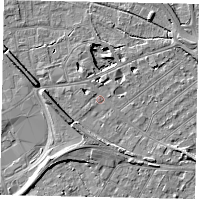Shaded relief map of the ground around TW184LT, computed from Environment Agency LiDAR. The ground here sits at about 15 m above sea level and falls 11 m across the surrounding 800 m. Surface water reaching this point runs off ground lying to the west-north-west, 3.3 m higher.
