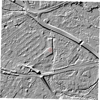 Shaded relief map of the ground around TW184LU, computed from Environment Agency LiDAR. The ground here sits at about 15 m above sea level and falls 7 m across the surrounding 800 m. The ground contributing surface water to this point lies to the south-south-east.