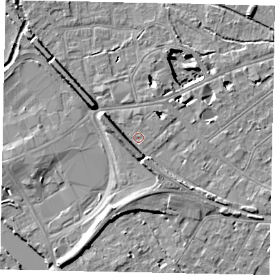Shaded relief map of the ground around TW184LW, computed from Environment Agency LiDAR. The ground here sits at about 16 m above sea level and falls 11 m across the surrounding 800 m. Surface water reaching this point runs off ground lying to the west, 4.6 m higher.