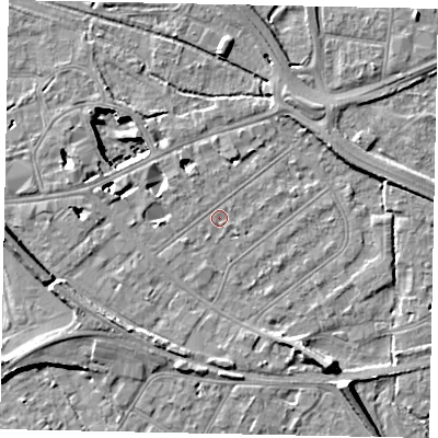 Shaded relief map of the ground around TW184LX, computed from Environment Agency LiDAR. The ground here sits at about 15 m above sea level and falls 11 m across the surrounding 800 m. Surface water reaching this point runs off ground lying to the west-north-west, 3.3 m higher.