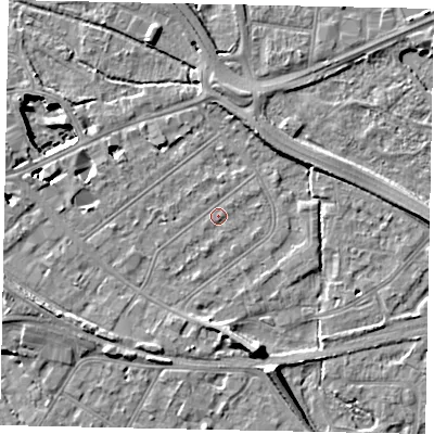 Shaded relief map of the ground around TW184NB, computed from Environment Agency LiDAR. The ground here sits at about 15 m above sea level and falls 11 m across the surrounding 800 m. Surface water reaching this point runs off ground lying to the south-south-east, 6.5 m higher.