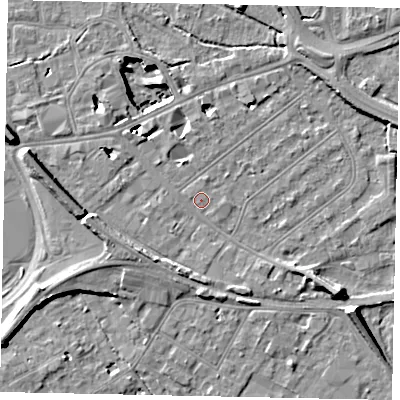 Shaded relief map of the ground around TW184ND, computed from Environment Agency LiDAR. The ground here sits at about 15 m above sea level and falls 11 m across the surrounding 800 m. Surface water reaching this point runs off ground lying to the west-north-west, 0.7 m higher.