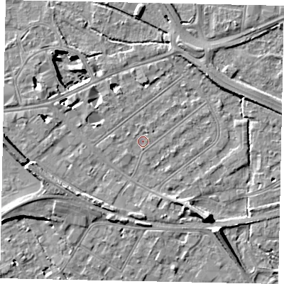 Shaded relief map of the ground around TW184NE, computed from Environment Agency LiDAR. The ground here sits at about 15 m above sea level and falls 11 m across the surrounding 800 m. Surface water reaching this point runs off ground lying to the west, 1.3 m higher.