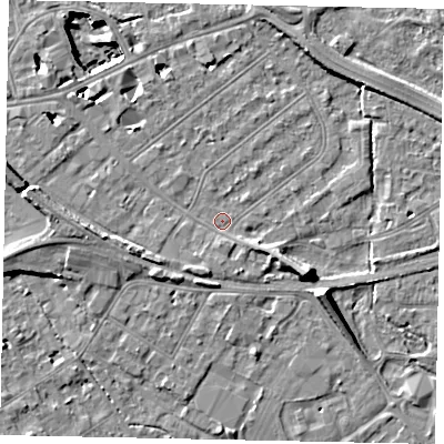 Shaded relief map of the ground around TW184NF, computed from Environment Agency LiDAR. The ground here sits at about 15 m above sea level and falls 11 m across the surrounding 800 m. Surface water reaching this point runs off ground lying to the south-east, 6.5 m higher.