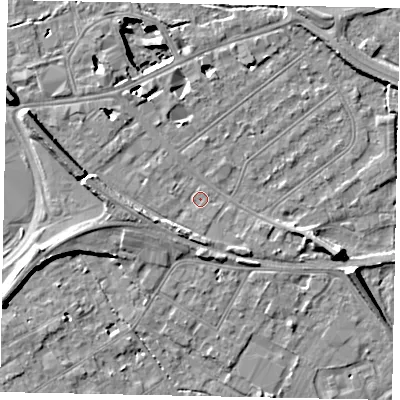 Shaded relief map of the ground around TW184NG, computed from Environment Agency LiDAR. The ground here sits at about 15 m above sea level and falls 11 m across the surrounding 800 m. Surface water reaching this point runs off ground lying to the south, 2.0 m higher.
