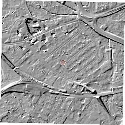 Shaded relief map of the ground around TW184NH, computed from Environment Agency LiDAR. The ground here sits at about 15 m above sea level and falls 11 m across the surrounding 800 m. Surface water reaching this point runs off ground lying to the west-north-west, 0.8 m higher.