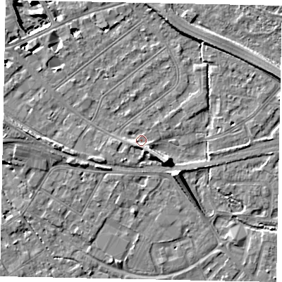 Shaded relief map of the ground around TW184NJ, computed from Environment Agency LiDAR. The ground here sits at about 15 m above sea level and falls 11 m across the surrounding 800 m. Surface water reaching this point runs off ground lying to the south-east, 6.5 m higher.
